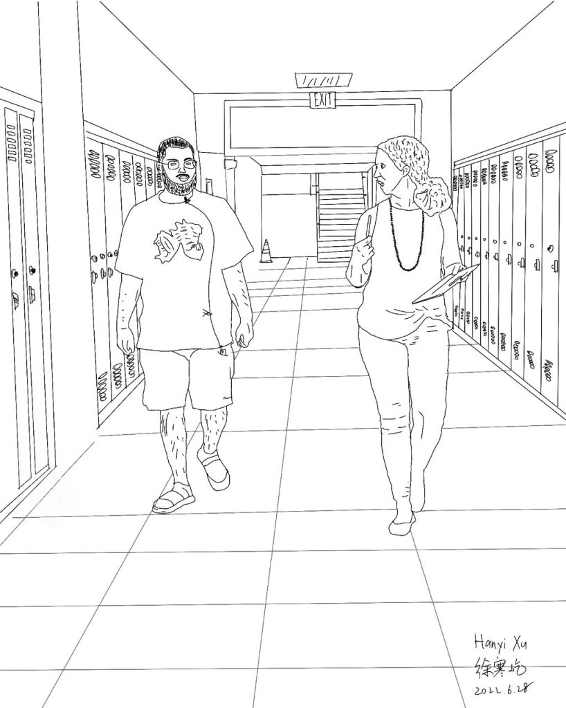 Photosketch depicts a woman and young man walking down a hallway. The woman is carrying a clipboard an a pen; the young man has a microphone clipped to his shirt. The hallway is lined with lockers, and they are talking.